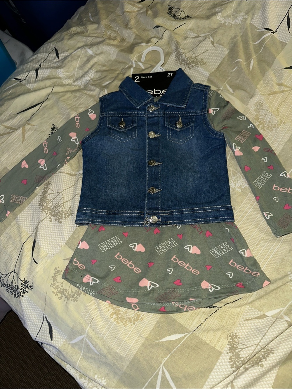 bebe Green Heart Print Dress with Denim Vest